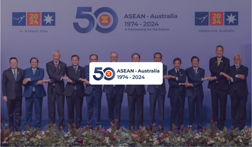 ASEAN-Australia 1974-2024 logo over leaders linking hands for a summit family photo