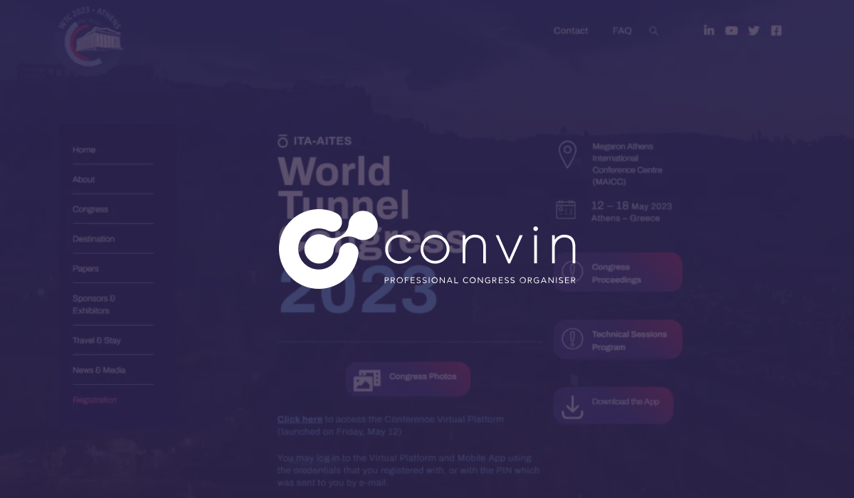 Convin logo over the World Tunnel Congress 2023 event website homepage