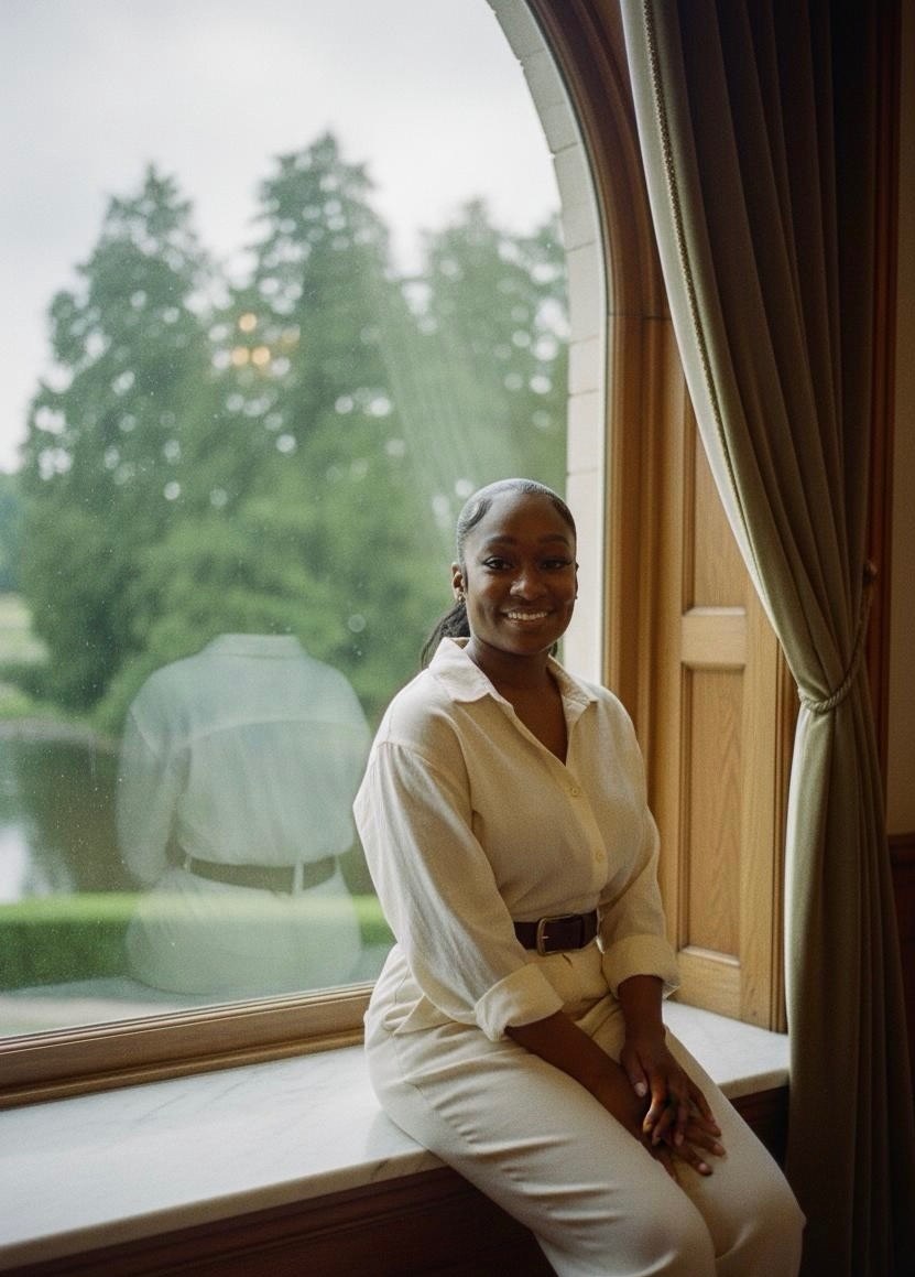 Smiling woman in white sitting on a windowsill with green trees outside the window.