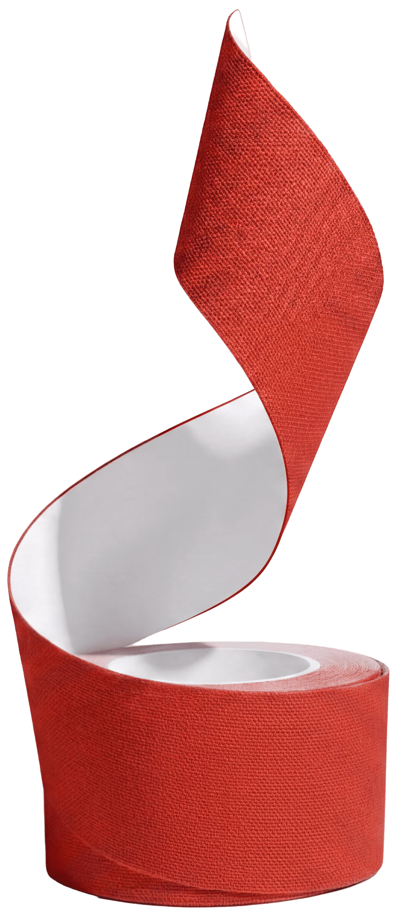 Rotes Sportkinesiologie-Tape mit geöffneter Rolle auf schwarzem Hintergrund.