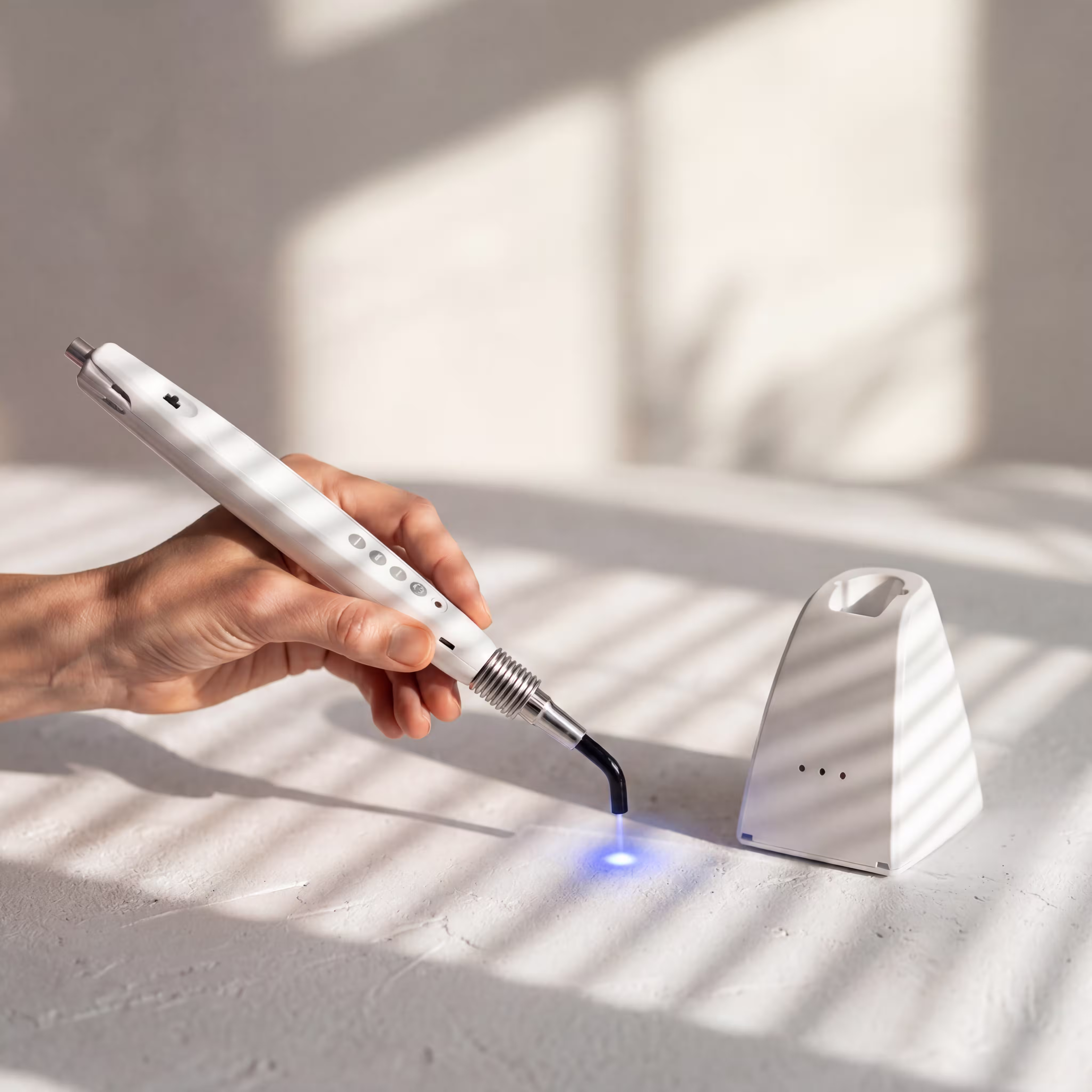Hand hält ein weißes elektrisches Gerät mit blauem Licht neben einer Ladestation auf einem Tisch.