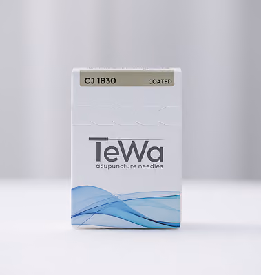 Verpackung von TeWa Akupunkturnadeln, Modell CJ 1830, beschichtet, mit blauem Wellenmuster.