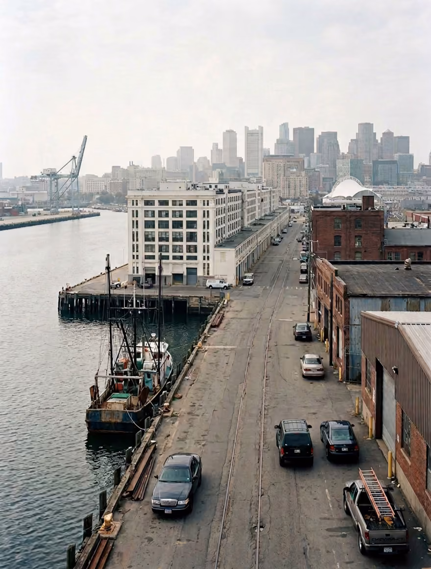 Blick auf einen Industriehafen mit einem alten Segelschiff am Kai links, Lagerhausgebäuden rechts und mehreren parkenden Autos auf einer schmalen Hafenstraße, im Hintergrund die Skyline einer Stadt mit Hochhäusern unter bewölktem Himmel.