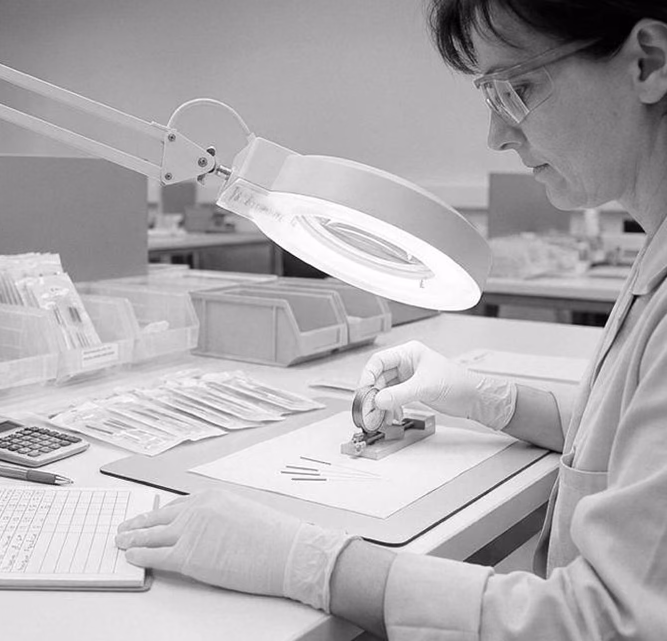 Frau mit Handschuhen prüft ein Uhrwerk unter einer Leuchte in einem Labor.