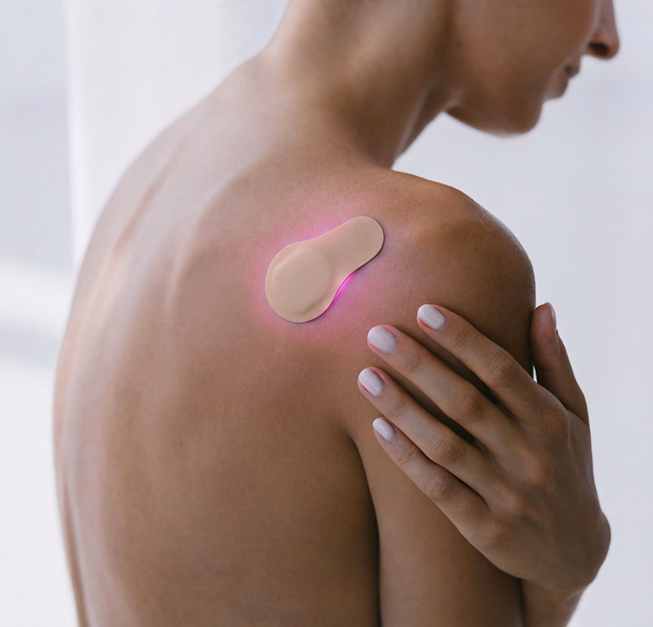 Eine Person hält sich mit der linken Hand die rechte Schulter, auf der sich ein beige-farbener, leuchtend violett umrandeter Pflaster-artiger Sensor befindet.