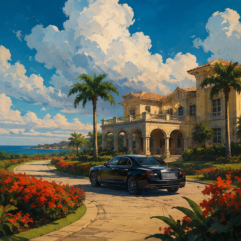 Painterly illustration of a grand coastal estate with palm trees