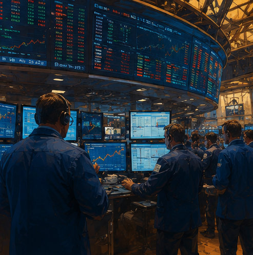 Painterly illustration of a bustling trading floor with market screens