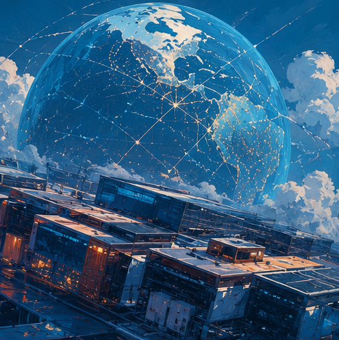 Painterly illustration of a global network globe above data centers