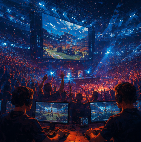 Painterly illustration of a packed arena with screens and crowd