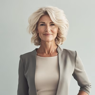 Smiling middle-aged woman with blonde hair wearing a beige top and gray blazer against a gray background.