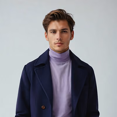 Young man with styled brown hair wearing a purple turtleneck sweater and dark blue coat.
