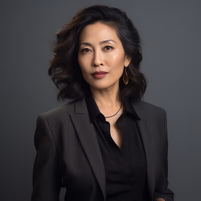 Confident woman with wavy hair wearing a black blazer and earrings on a dark gray background.