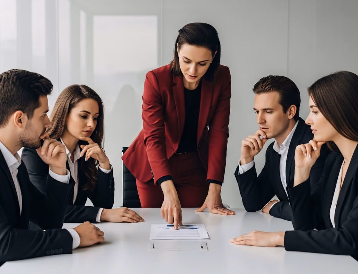 Woman in red suit leading a business meeting with four attentive colleagues around a table.