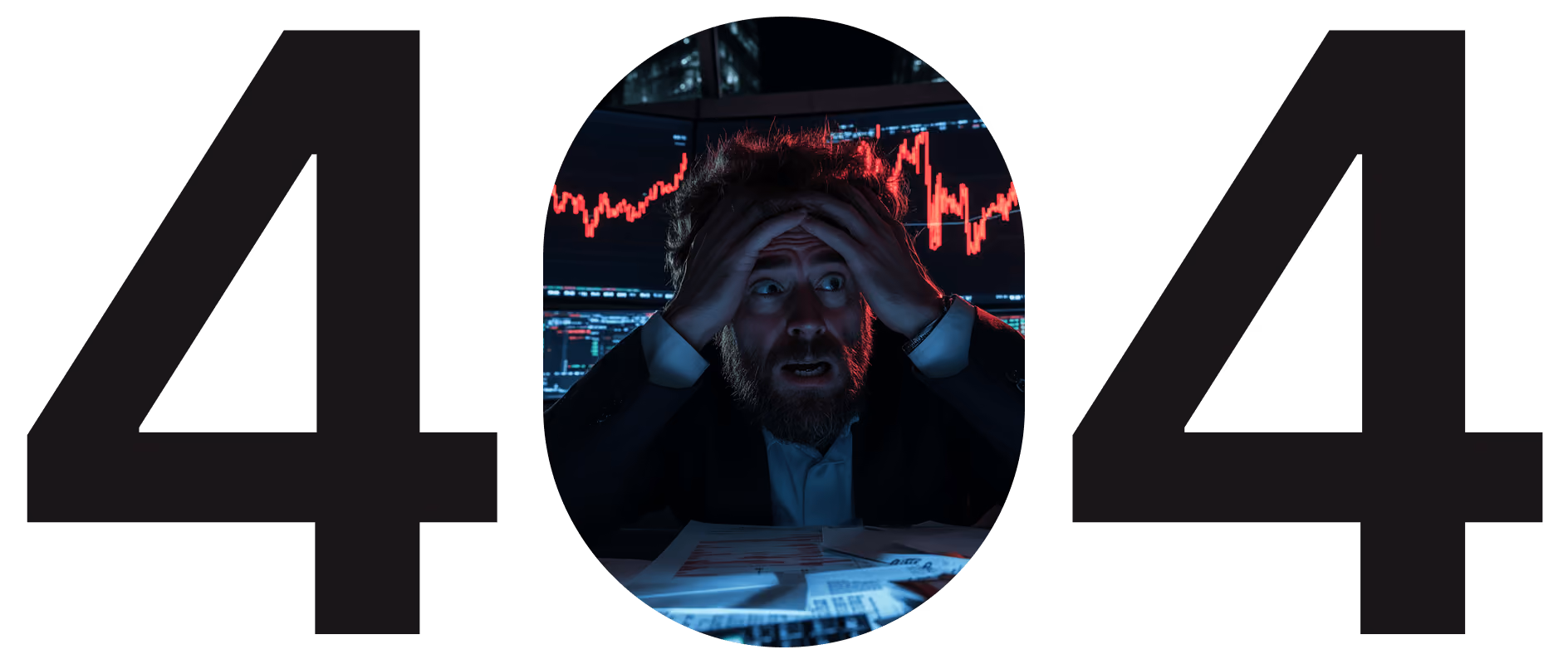 Worried man with hands on head in front of stock market screens showing declining red graphs.