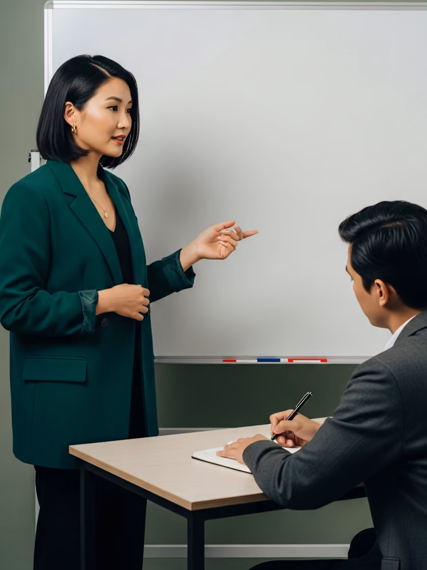 Woman in green blazer speaking while a man in gray suit takes notes at a table in front of a whiteboard.