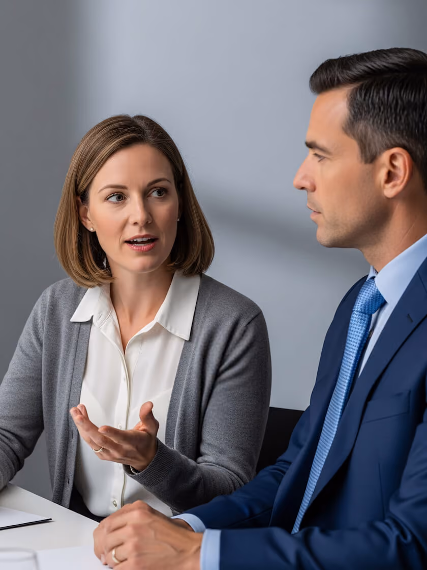 A woman speaks while a man in a suit listens during a professional discussion at a white table.