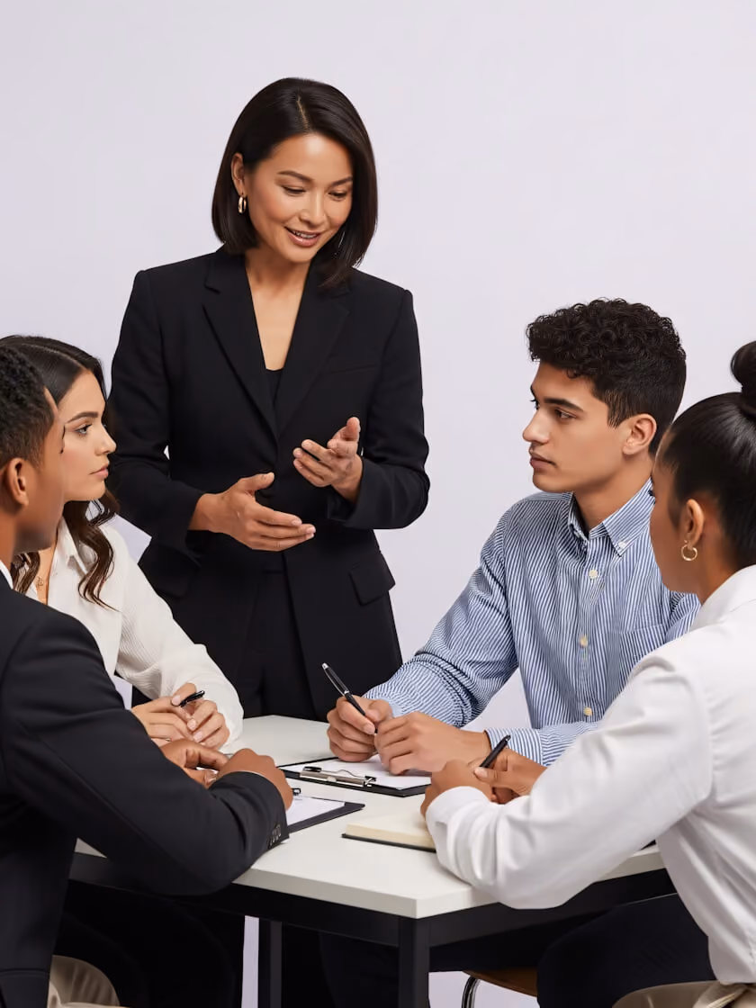 Professional woman presenting to a group of diverse young colleagues seated at a table with notebooks.