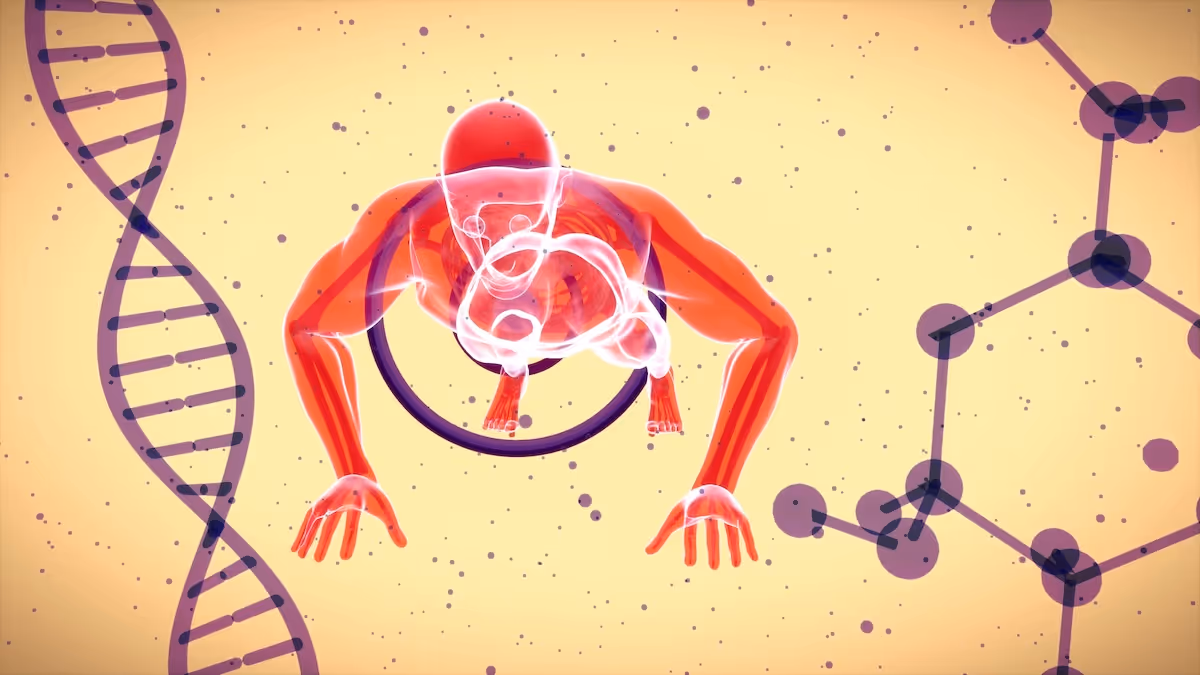 3D illustration of a red human figure and baby with DNA strand and molecular structures on yellow background.