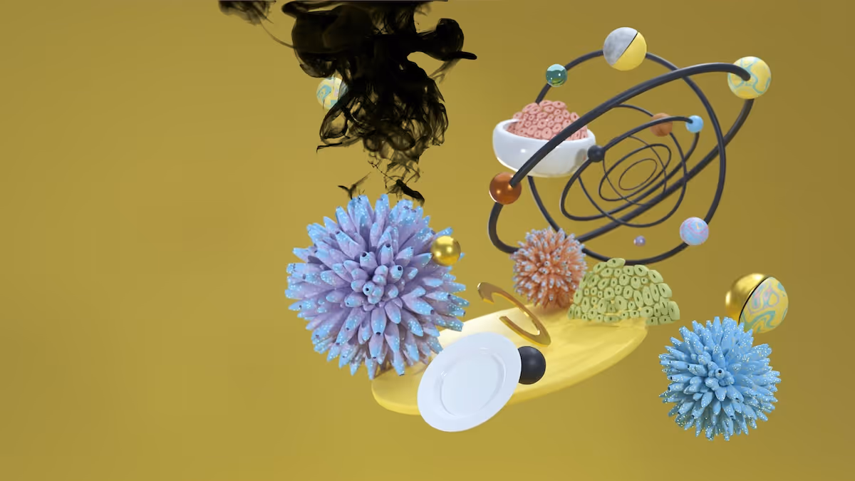 Abstract 3D shapes including spiky spheres, orbiting spheres, and black smoke on a yellow background.
