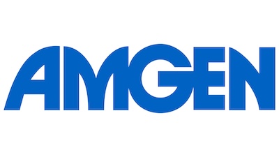 AMGEN wordmark logo in solid blue capital letters on a white background.