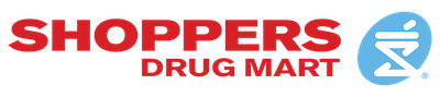 Shoppers Drug Mart logo with red text and blue stylized human symbol on the right.