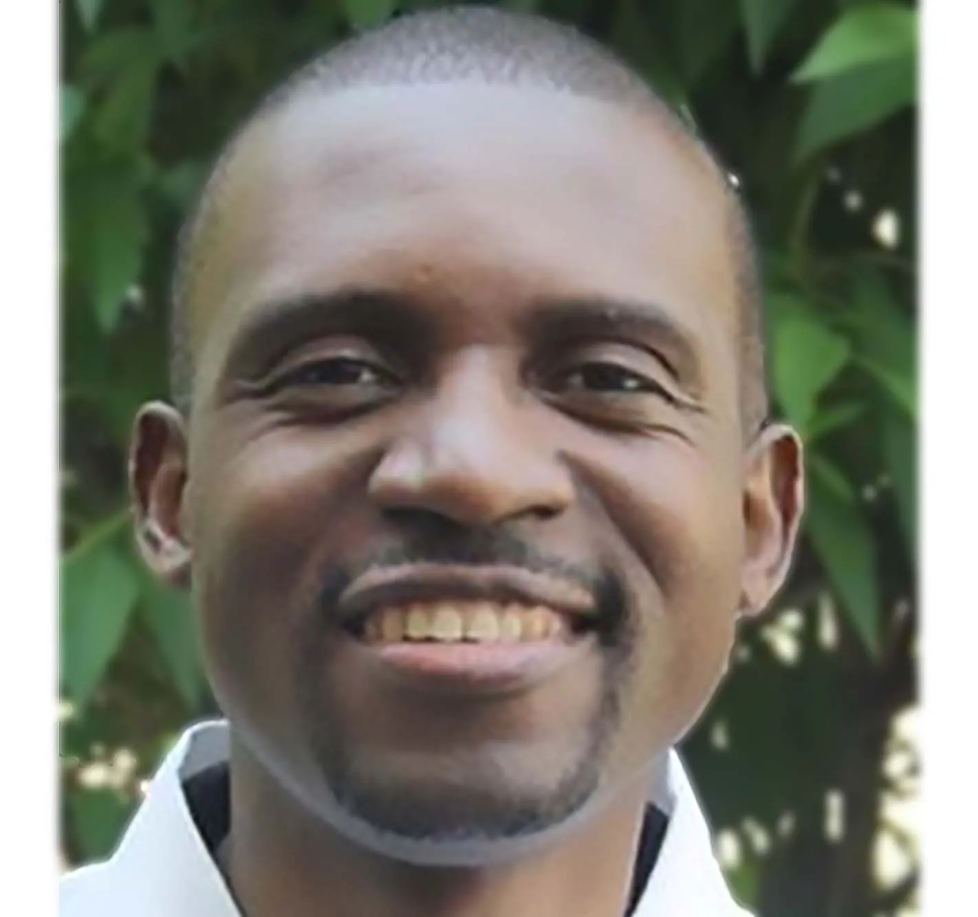 Close-up of a smiling man with short hair and goatee, green leaves blurred in the background.