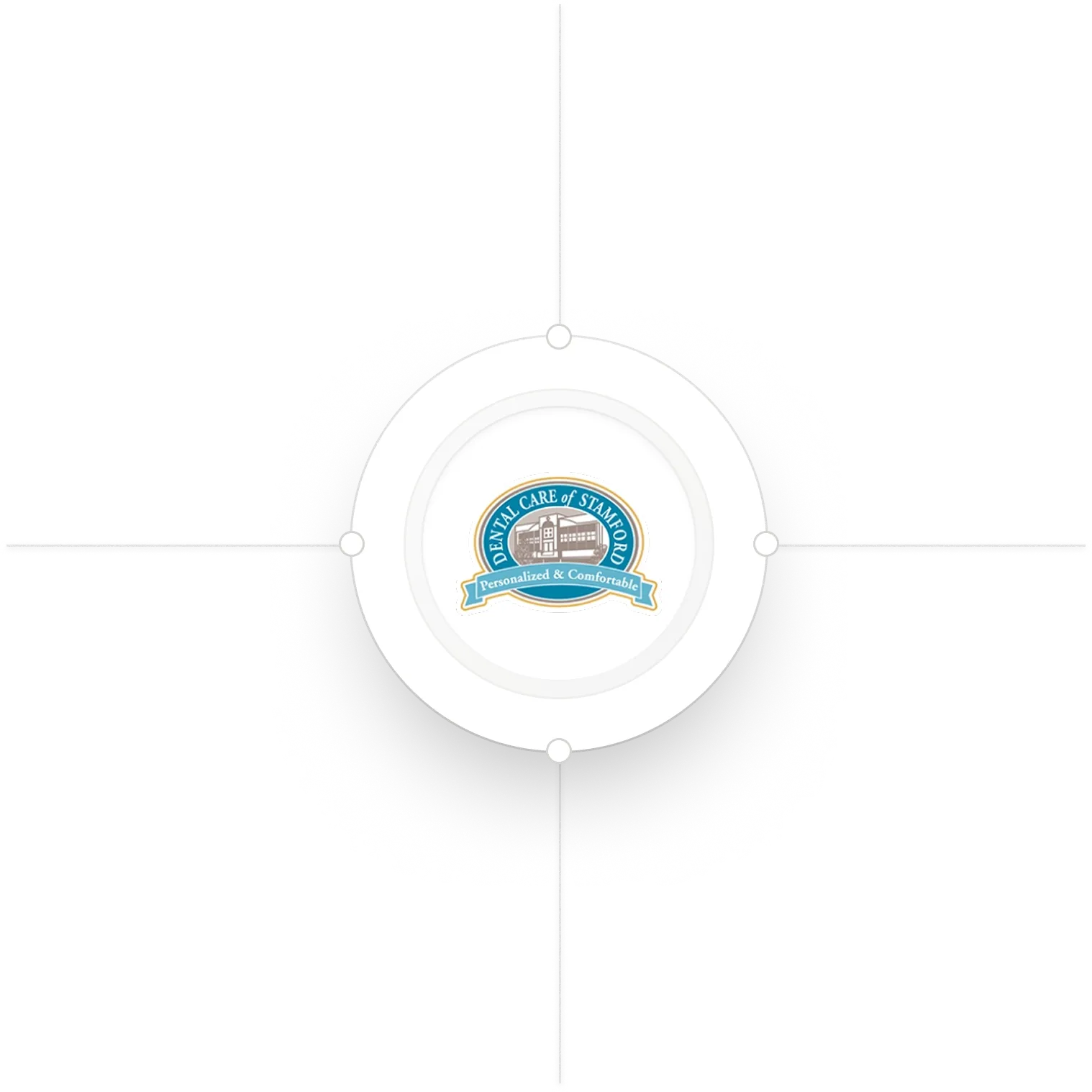 Central circular hub with the Dental Care of Stamford logo reading Personalized & Comfortable inside.