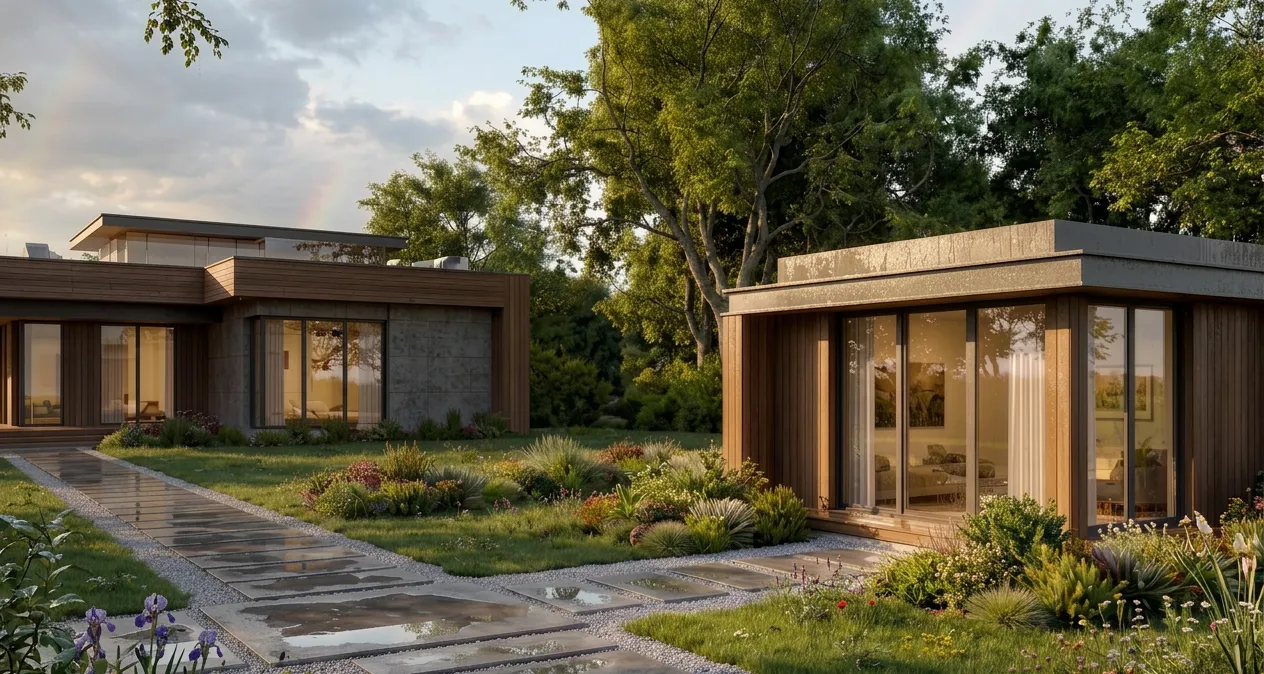 Maison moderne avec grands vitrages, jardin fleuri et chemin pavé après la pluie.