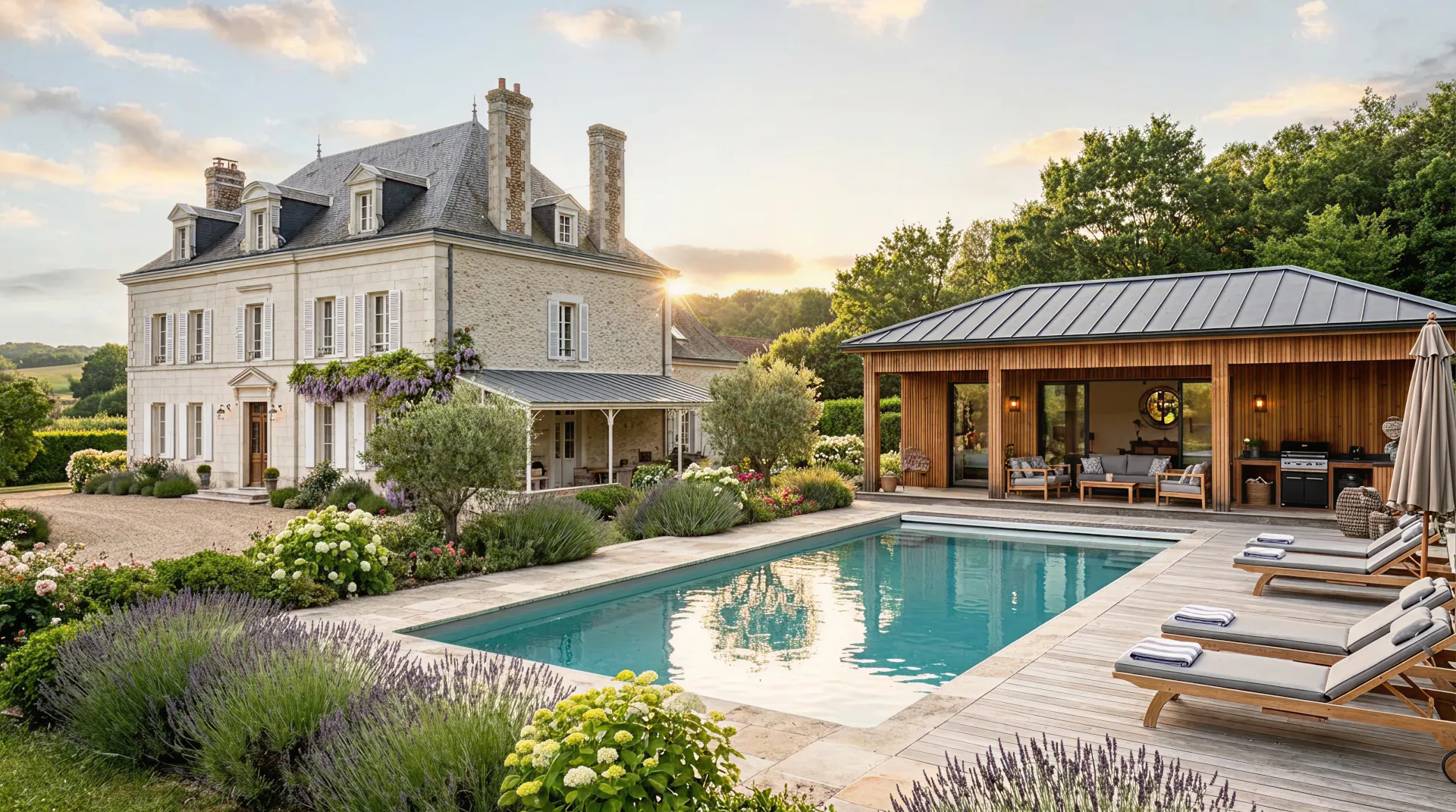 Maison de campagne avec piscine entourée de fleurs et chaises longues sur terrasse en bois.