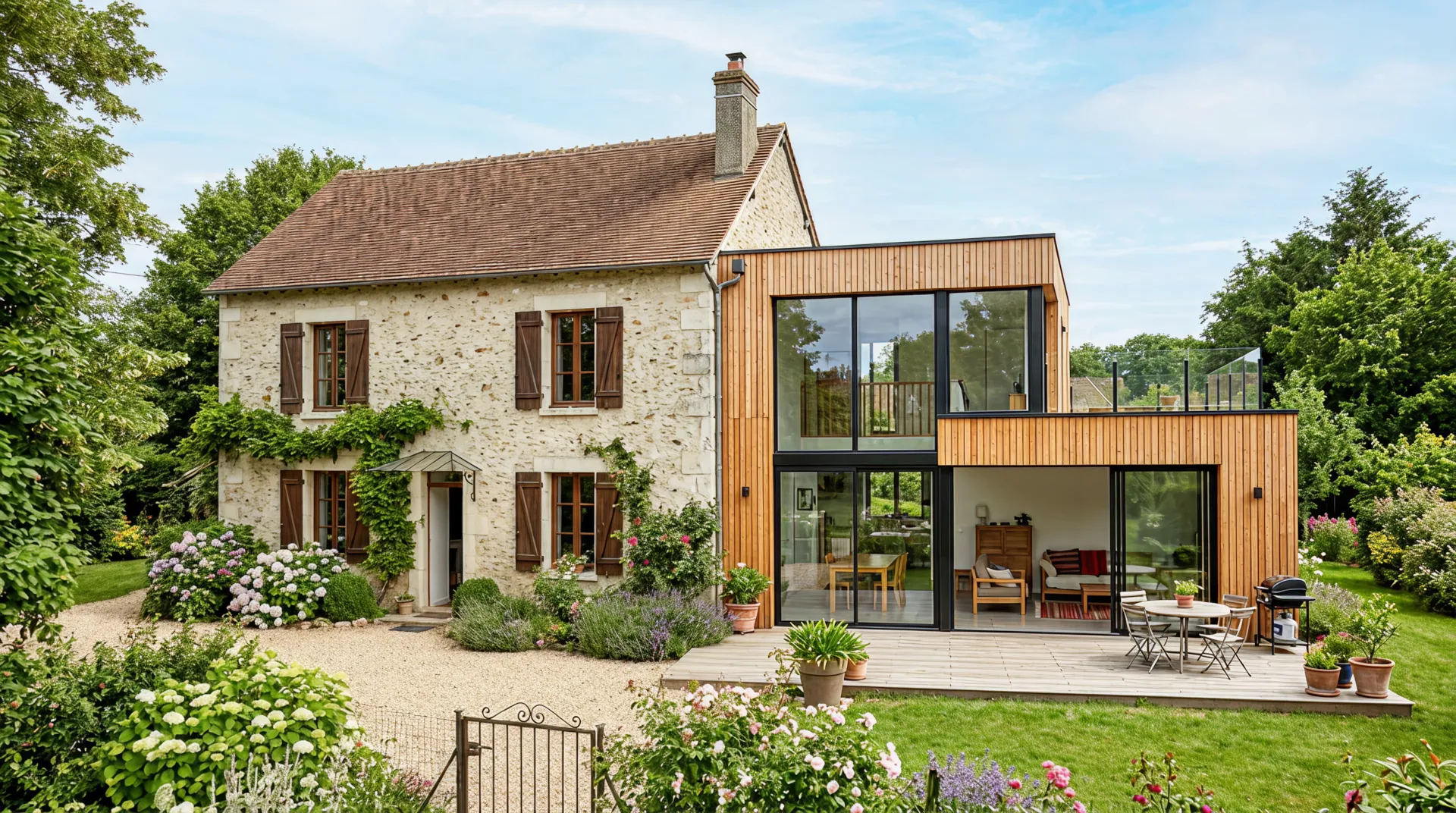 Maison ancienne en pierre avec extension moderne en bois, terrasse, jardin fleuri et pelouse verte.