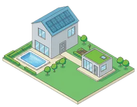 Maison moderne avec panneaux solaires, piscine, jardin potager et dépendance dans un grand jardin.