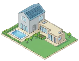 Maison moderne avec panneaux solaires sur le toit, piscine et jardin sur une parcelle rectangulaire.