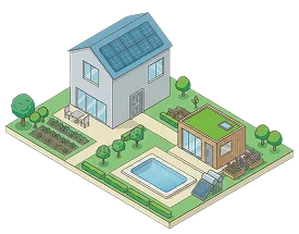 Maison avec panneaux solaires, piscine, jardin potager et cabane moderne dans un espace vert.