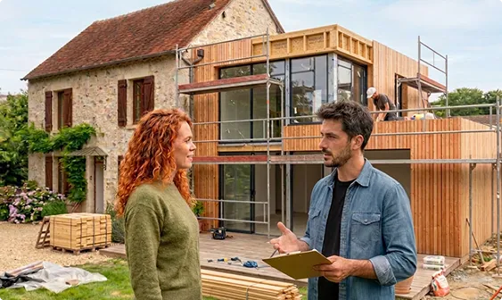 Un homme parlant à une femme devant une maison en construction avec des échafaudages.