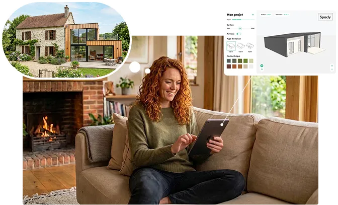 Femme assise sur canapé utilisant une tablette pour concevoir la maison de ses rêves en ligne.