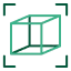 Icône d'un cube en 3D avec des lignes vertes indiquant la rotation et la perspective.