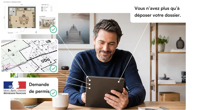 Homme assis à une table utilisant une tablette avec des images de plans et un message français à l'écran.