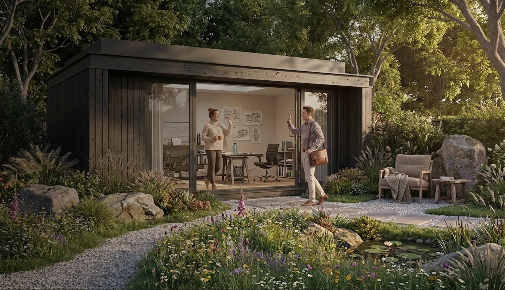 Deux personnes se saluent devant un bureau de jardin avec un sentier, fleurs et fauteuil extérieur.