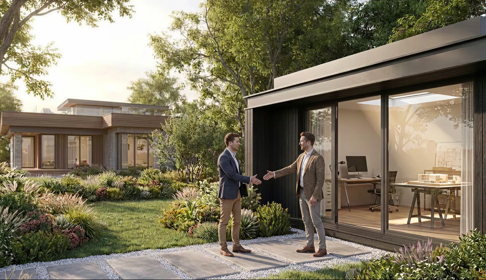 Deux hommes professionnels se serrant la main dans un jardin devant une maison moderne avec bureau vitré.