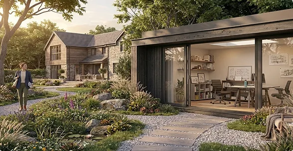 Maison en pierre et bois avec bureau moderne vitré, sentier fleuri et femme marchant au jardin.