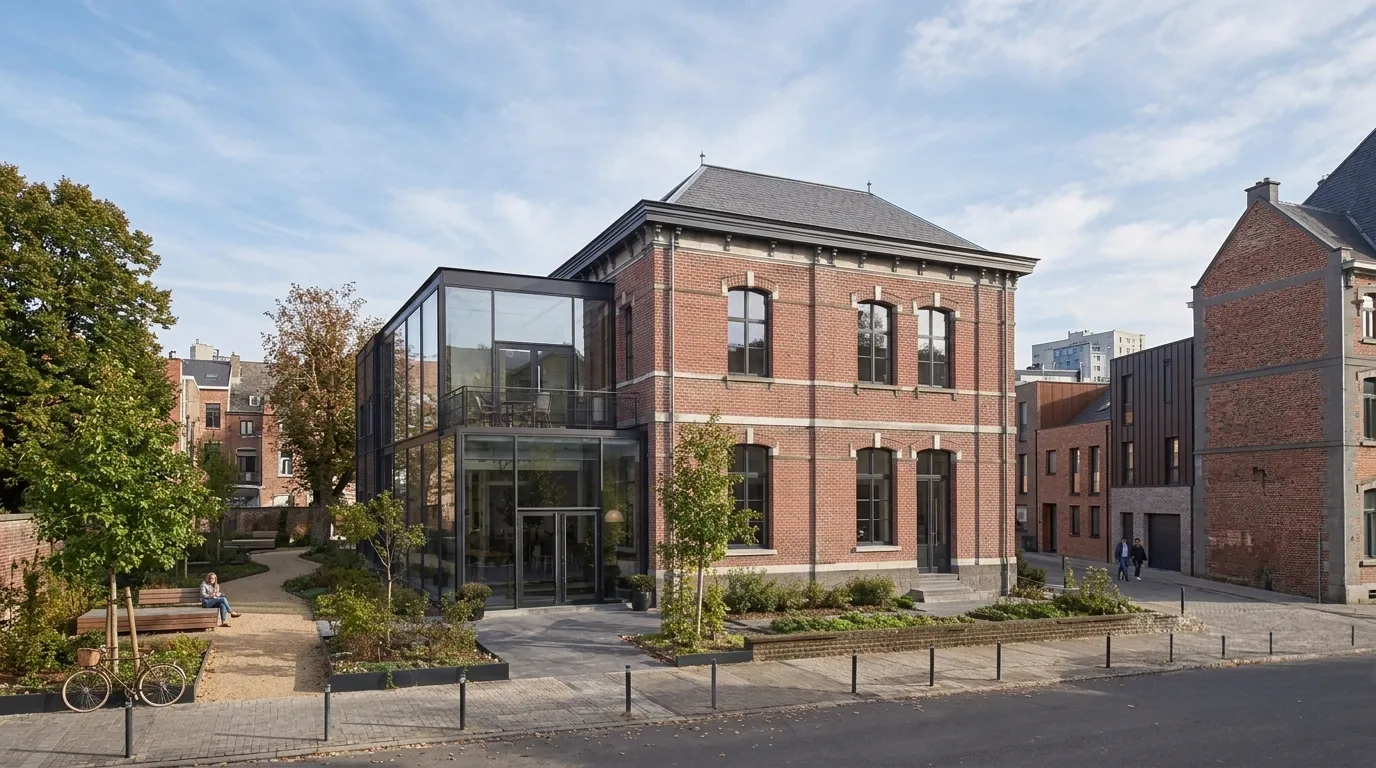Bâtiment en briques avec une extension en verre moderne et un jardin avec bancs et arbres.