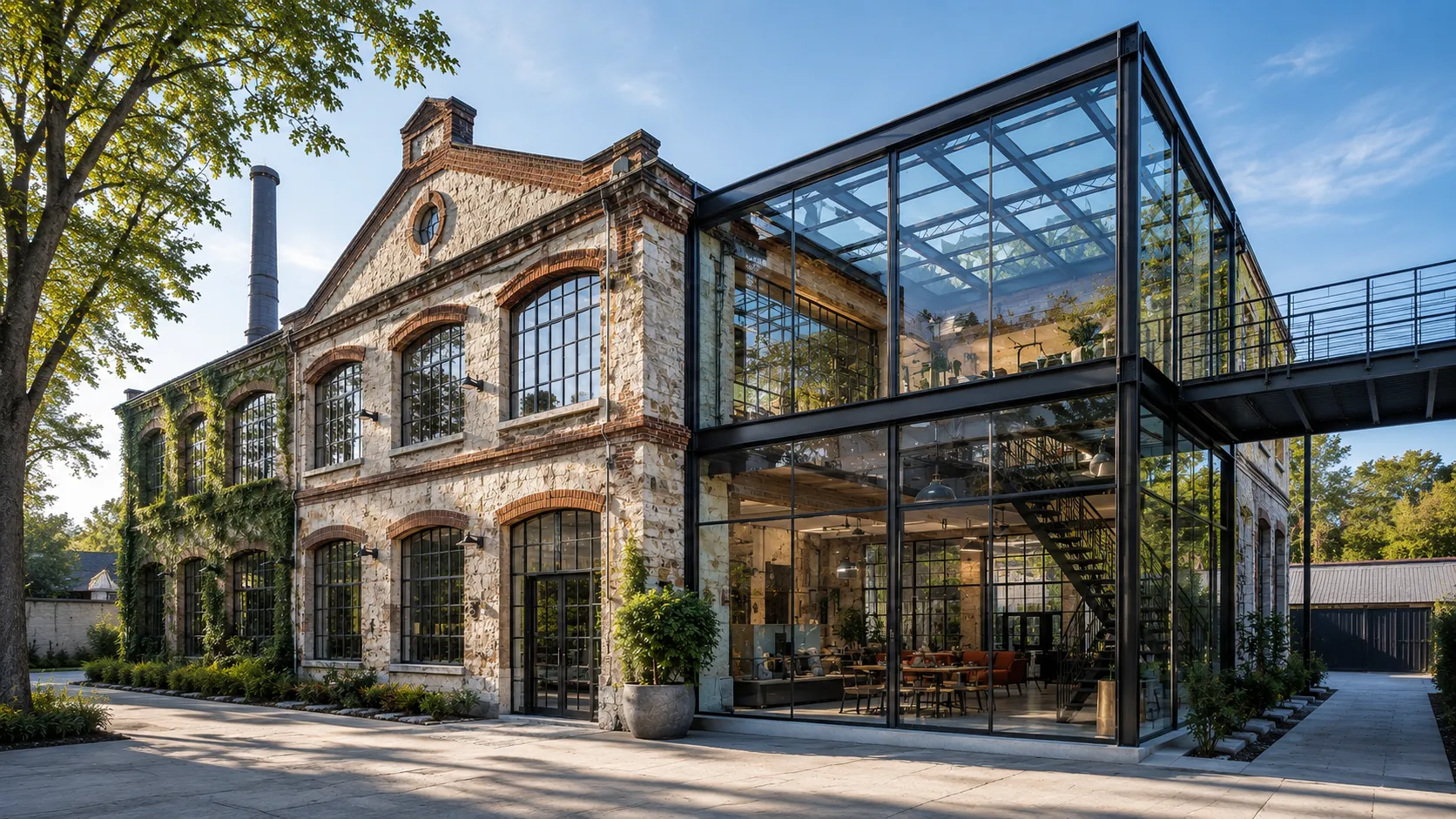Bâtiment ancien rénové avec murs en pierre et extension moderne en verre et métal deux étages.