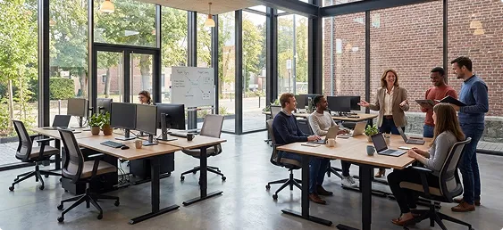 Un groupe de six personnes discutant et travaillant ensemble dans un bureau moderne ouvert avec des ordinateurs.
