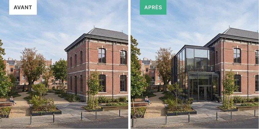 Bâtiment en brique avant et après rénovation avec ajout d'une extension vitrée moderne sur le côté.