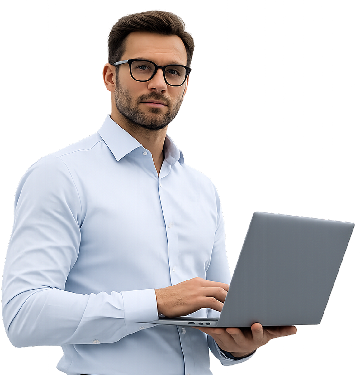 smiling man in white shirt