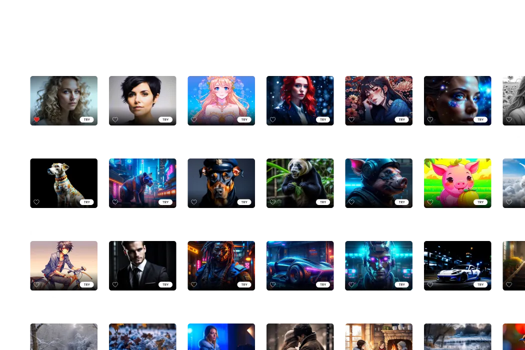 Grid of avatars including humans, animals, fantasy, and sci-fi characters on a black background with 'TRY' buttons.