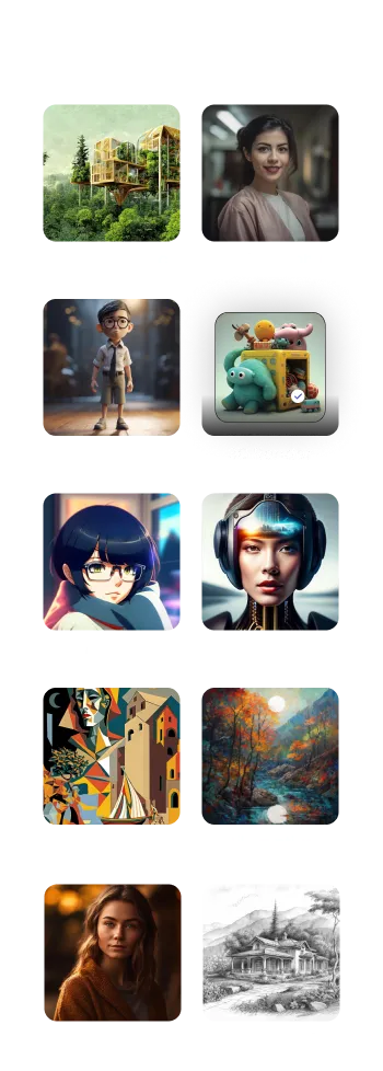 Collage of eight varied portrait and scenic images, including digital art, animation, and photography.