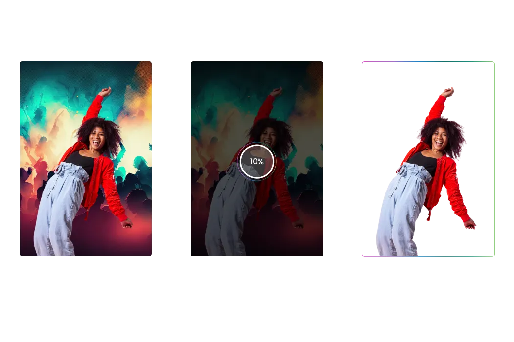 Three panels showing a woman dancing with background, then loading effect, then background removed.