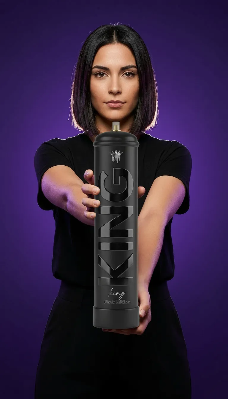 Woman with straight black hair holds a blue cylinder labeled FASTGAS toward the camera.