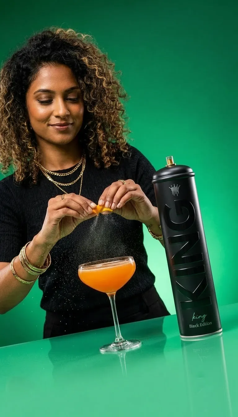Woman squeezing citrus peel over an orange cocktail with FESTG'S branded spray can nearby.